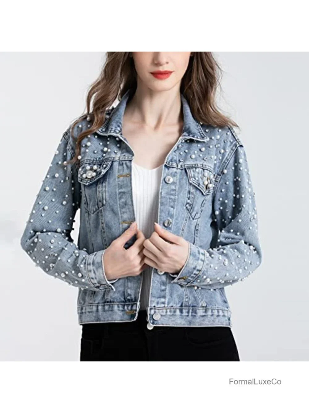 Cropped Denim Jacket Rhinestone Pearl Jean Jacket Coat